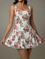 Pleated Floral Print Square Neck Mini Dress