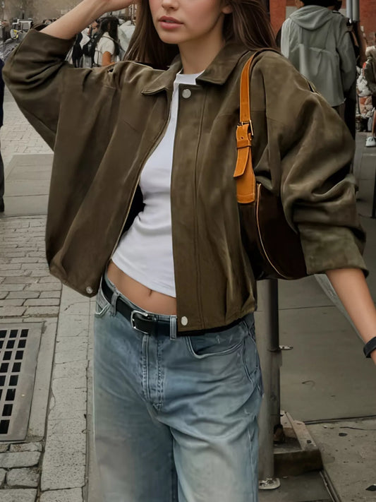 Plus Size Suede Cropped Bomber Jacket