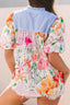 Floral Striped Yoke Frilled Tie Neck Puff Short Sleeve Blouse