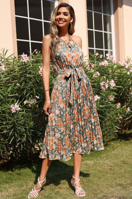 Perfee Floral Tie Waist Pleated Dress