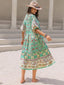Ruched Printed Puff Sleeve Midi Dress