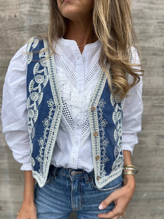 Embroidered Button Up V-Neck Vest Coat