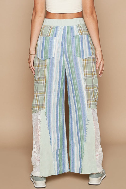 POL Drawstring Plaid Print Lace Straight Pants