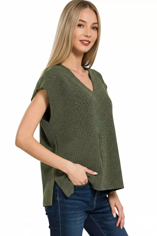 Zenana Ribbed Slit V-Neck Sweater Vest