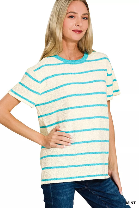 Zenana Textured Striped Crew Neck T-Shirt