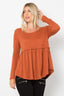 Be Stage Full Size Texture Babydoll Round Neck Long Sleeve Knit Top