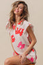 BiBi Bow Printed Woven Ruffled Sleeves V Neck Top
