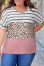 Plus Size Striped Leopard Round Neck Half Sleeve T-Shirt