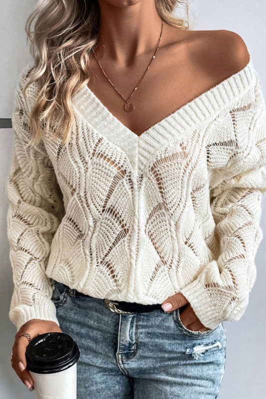 Openwork V-Neck Long Sleeve Sweater