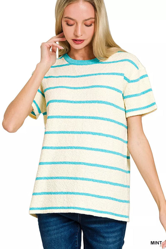 Zenana Textured Striped Crew Neck T-Shirt