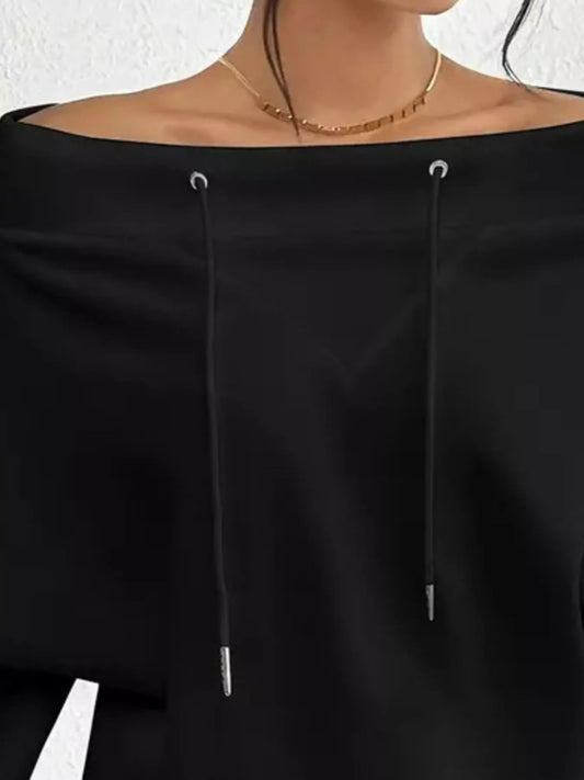 Full Size Off-Shoulder Drawstring Long Sleeve Top Plus Size