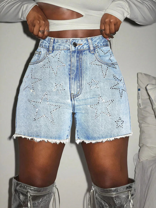 Star Raw Hem Denim Shorts