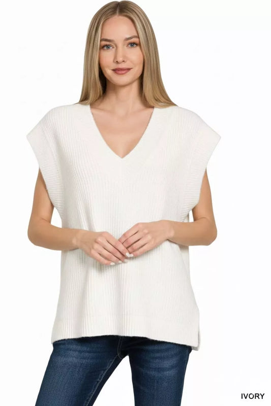 Zenana Ribbed Slit V-Neck Sweater Vest