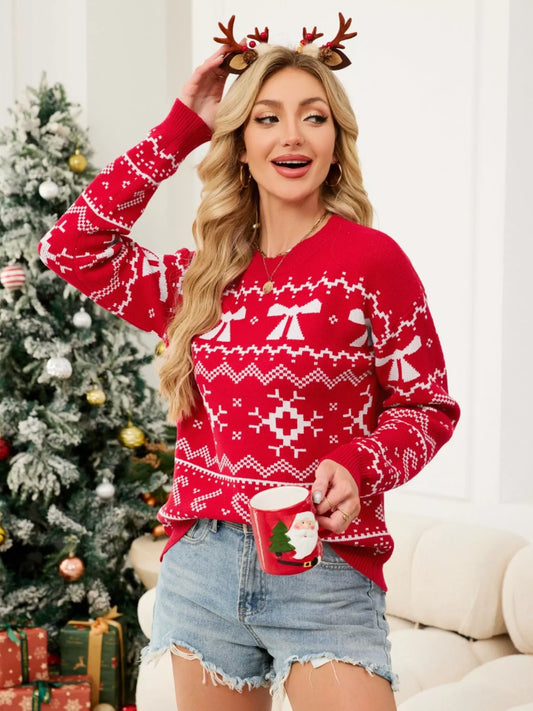 Christmas Bow Round Neck Sweater