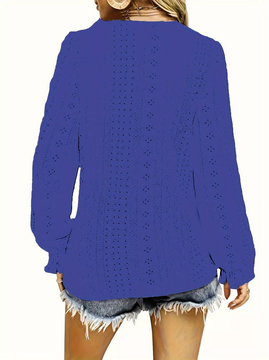 Plus Size Eyelet V-Neck Flounce Sleeve Blouse