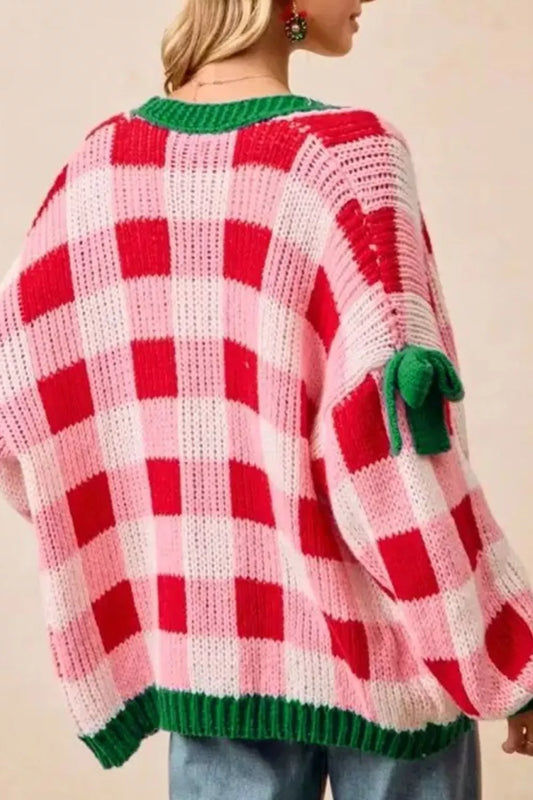 Checkered Bow-Tie Sleeve Knit Christmas Cardigan