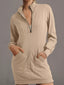 Zip Up Collared Ribbed Patchwork Sweatshirt Dress with Pockets