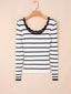 Scalloped Trim U Neck Striped Ribbed Slim Knit Top
