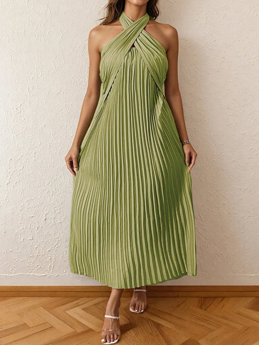 Pleated Halter Neck Midi Dress