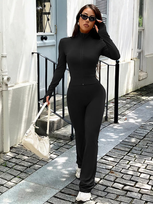 Zip Up Long Sleeve Outerwear and Pants Active Set