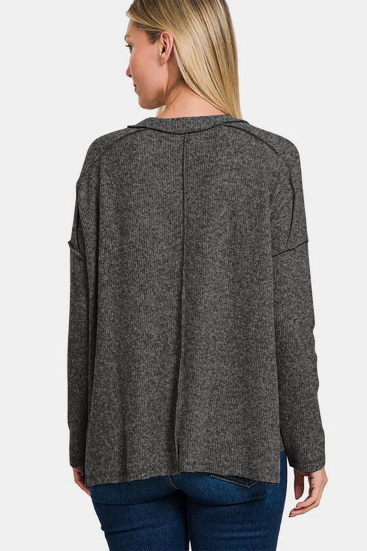 Zenana Full Size Exposed Seam Brushed Round Neck Sweater