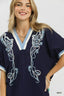 Umgee Embroidered Floral V-Neck Short Sleeve Blouse with Contrast Trim