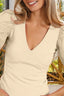 BiBi Front Wrap V-Neck Puff Sleeve Rib Knit Top