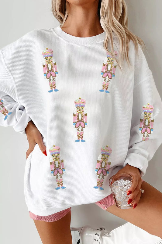 Full Size Corded Rib Sequin Patched Nutcracker Graphic Drop Shoulder Sweatshirt Plus Size