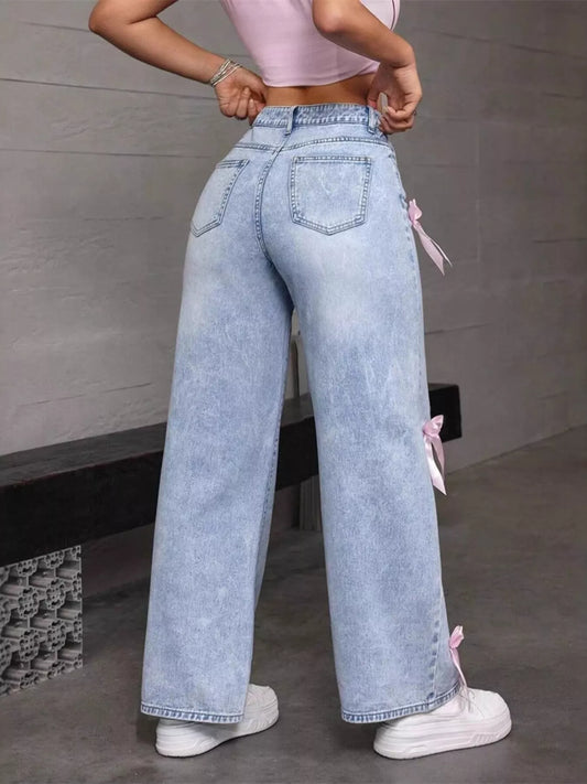Bow Accent Wide Leg Jeans