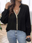 Sequin Trim Notched Long Sleeve Blouse