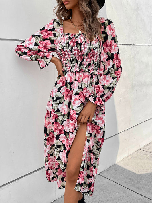 Perfee Slit Smocked Floral Flounce Sleeve Dress