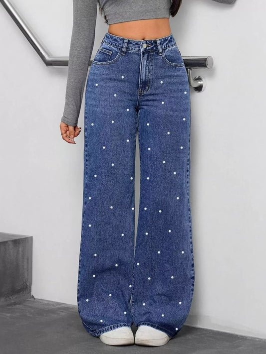 Pearl Embellished Wide Leg Jeans