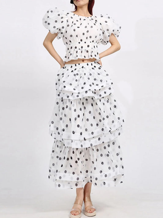 Polka Dot Puff Sleeve Top and Skirt Set