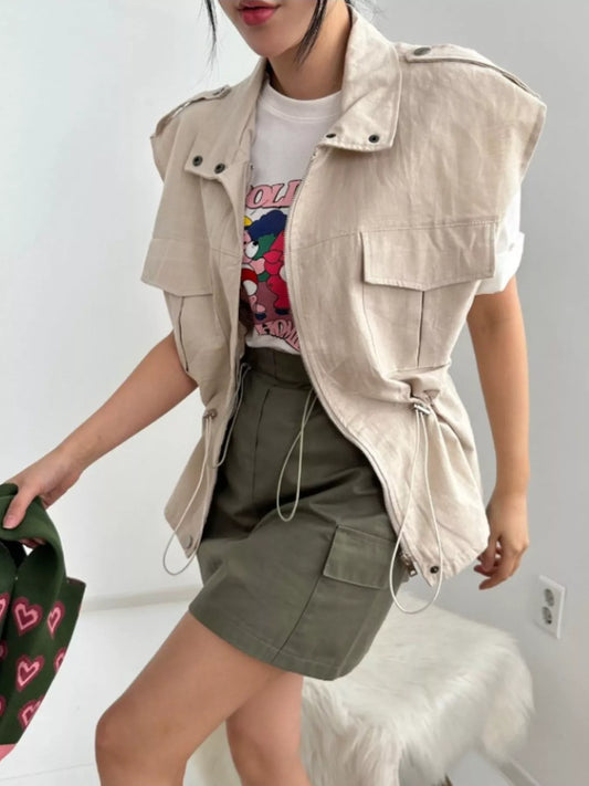 Drawstring Zip Up Vest Coat