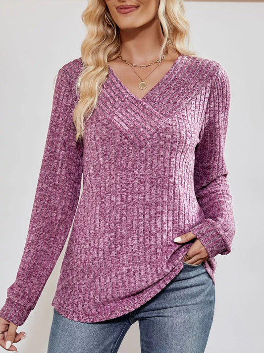 Ribbed Knit V-Neck Long Sleeve T-Shirt