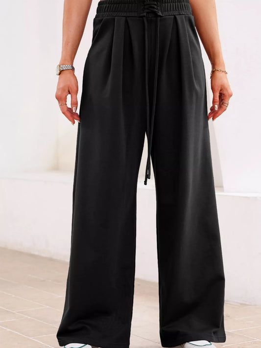 Tied Elastic High Waist Pleated Detail Solid Sweatpants