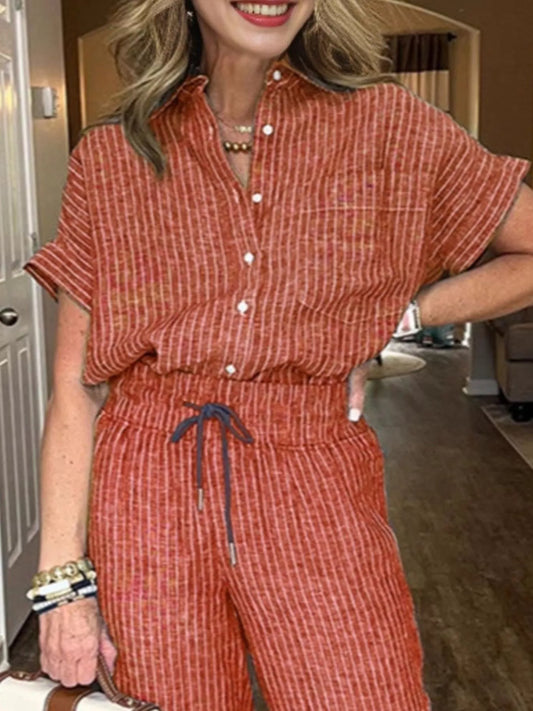 Full Size Striped Button-Up Shirt and Wide Leg Pants Casual Set Plus Size