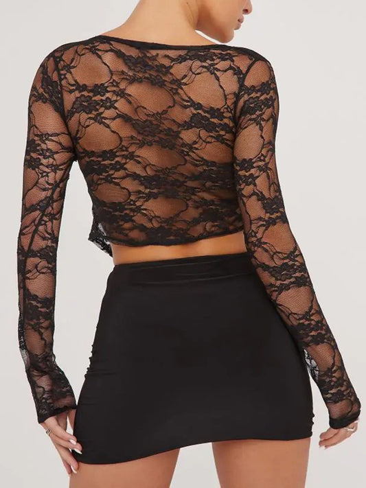 Tied Plunge Long Sleeve Lace Cropped Shirt