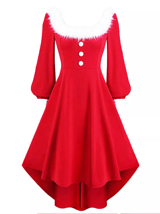 Full Size Fluffy Trim Long Sleeve Christmas Dress Plus Size