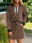 Leopard Print Half Zip Pullover & Drawstring Skirt Set