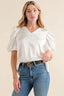 And The Why Plain Satin Puff Shirring V Neck Blouse Top