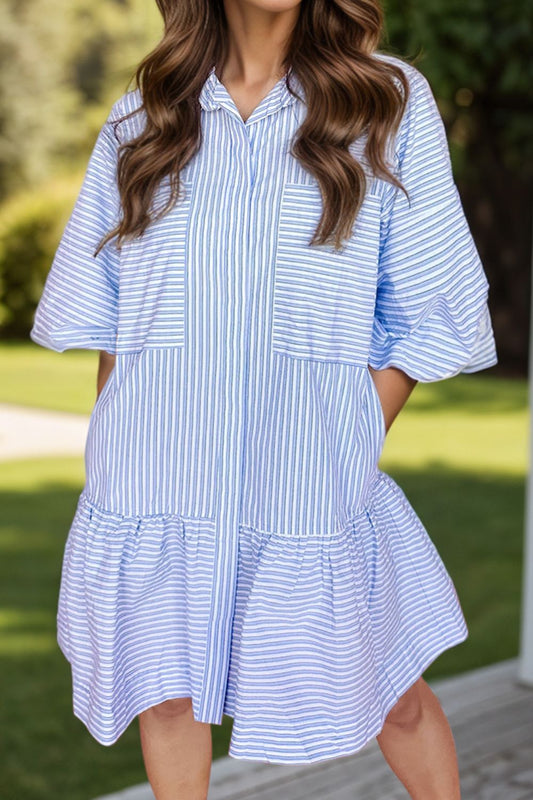 Striped Collared Neck Mini Dress