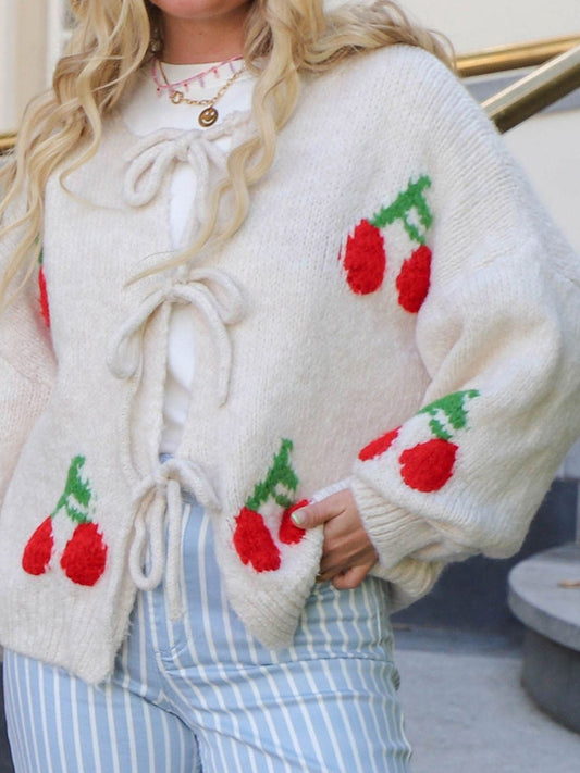 Tied Cherry Round Neck Long Sleeve Cardigan