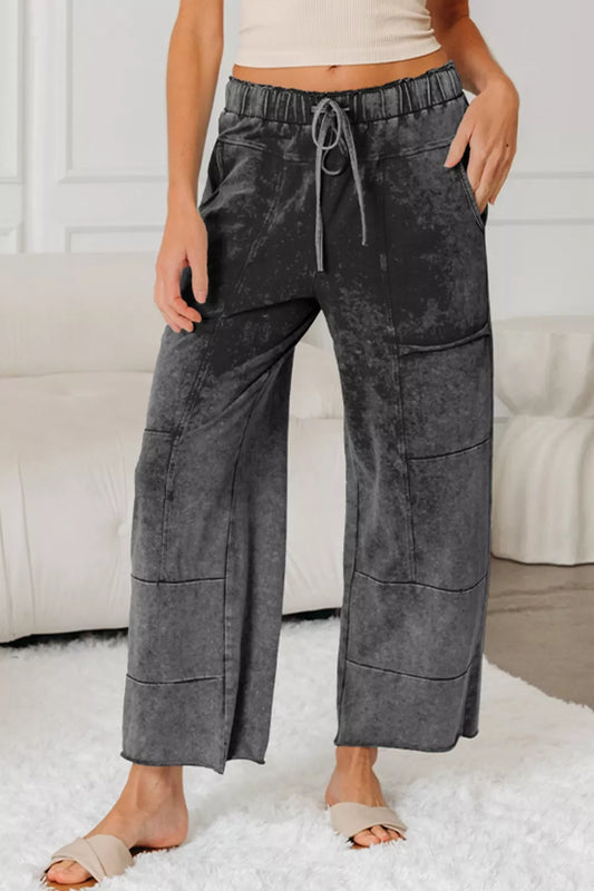 Mineral Wash Lace-up High Waist Raw Hem Patched Pocket Pants