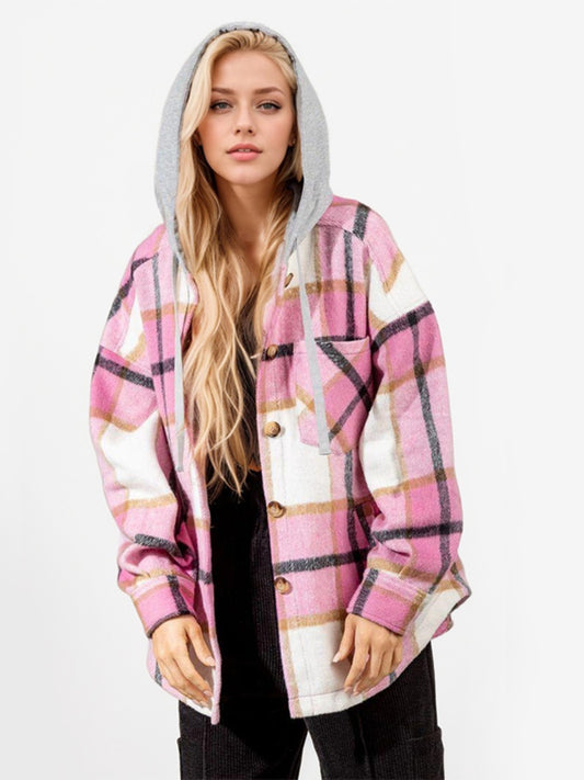 Drawstring Plaid Button Up Long Sleeve Outerwear