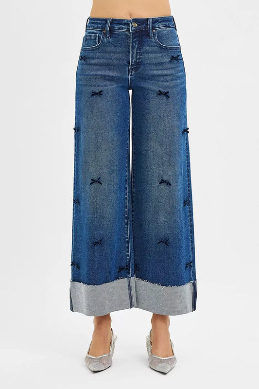 RISEN High Rise Crop Wide Leg Ribbon Detail Jeans