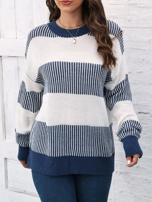 Full Size Color Block Dropped Shoulder Sweater Plus Size