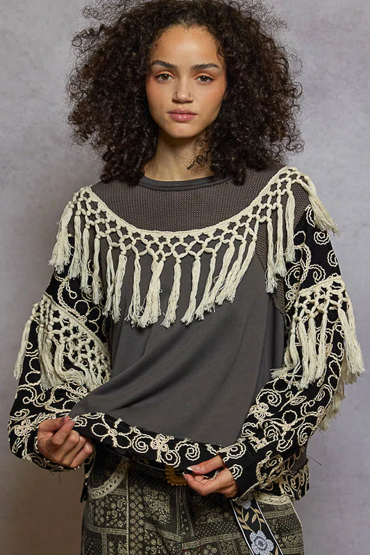 POL Contrast Floral Embroidery Balloon Sleeve Top with Tassel Trim