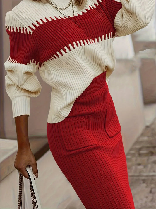Two-Tone Ribbed Knit Top and Skirt Sweater Set