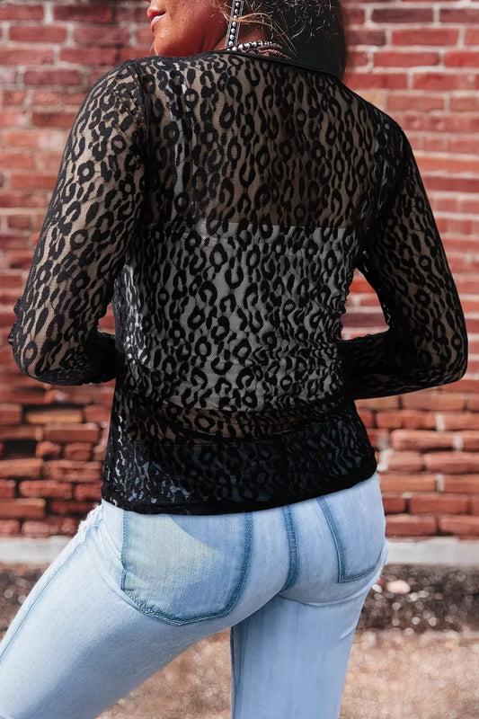 Leopard Pattern Sheer Mesh Long Sleeve Top